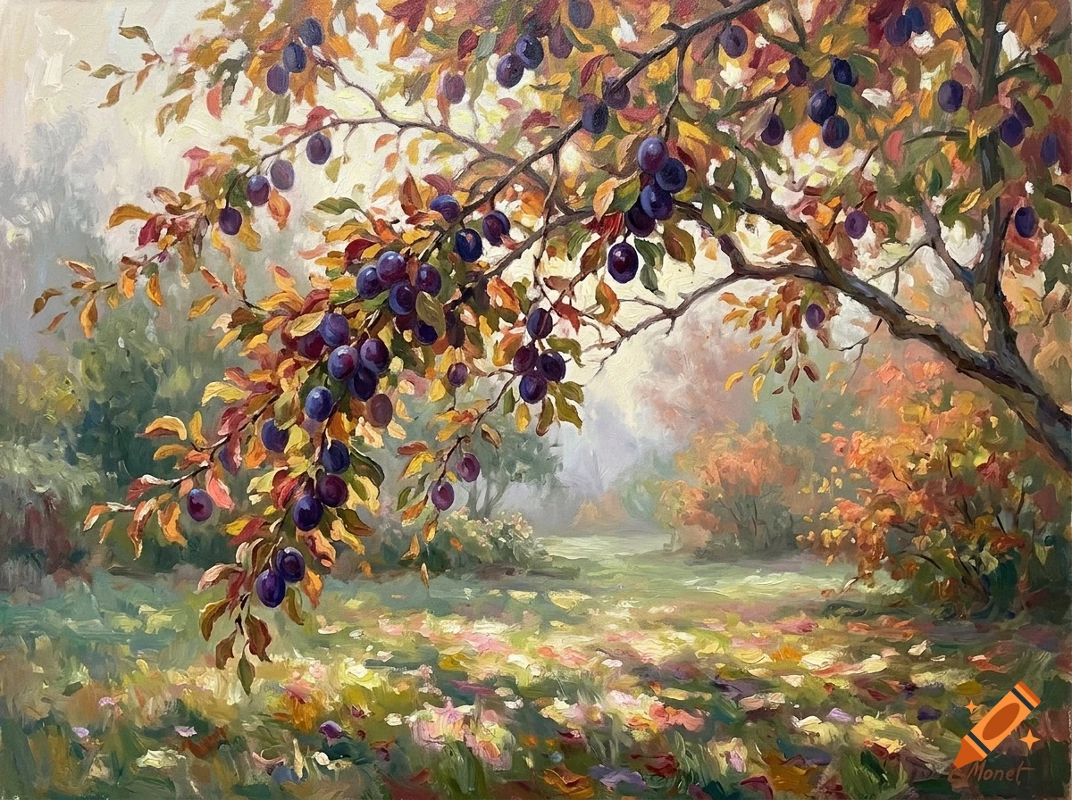 An oil painting depicting an old plum tree laden with dark purple fruit, its branches stretching across a luminous autumn landscape with a soft, misty background.
