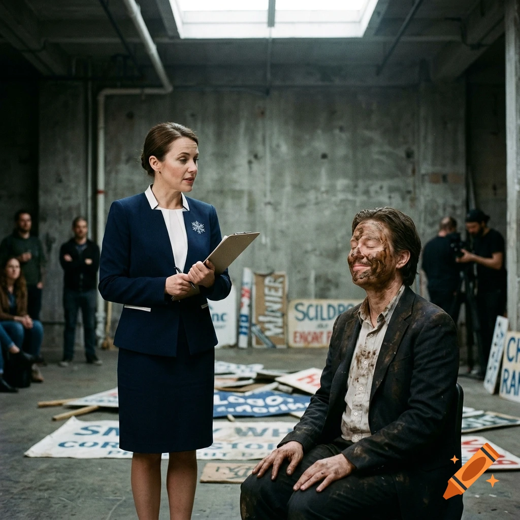 A woman in a business suit holding a clipboard stands over a man with mud on his face in an industrial room.