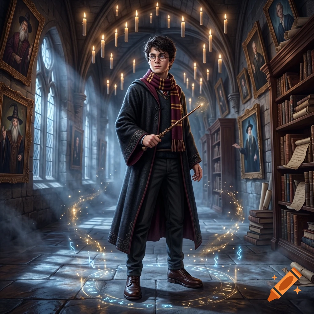 Digital illustration of Harry Potter holding a wand in a magical Hogwarts corridor with glowing runes on the stone floor.