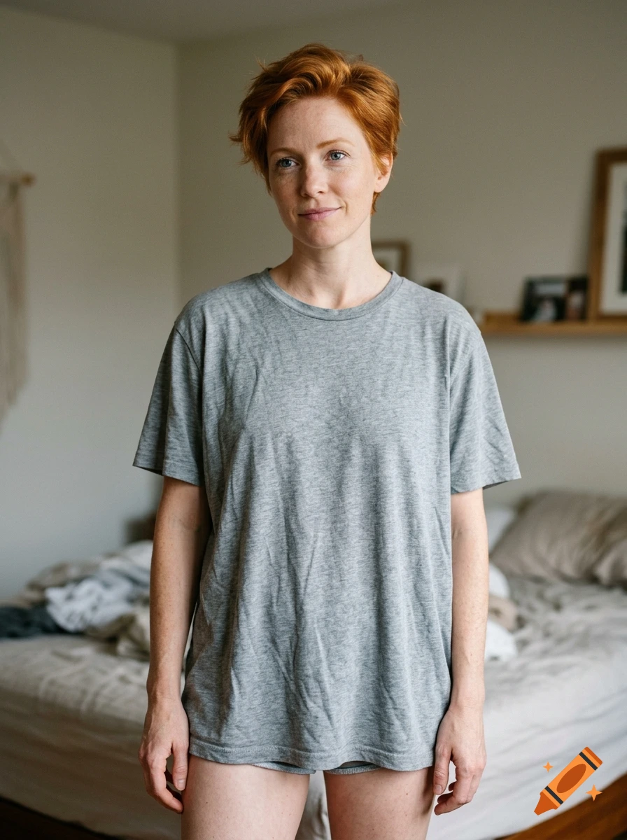 Photorealistic portrait of a woman with short ginger hair, blue eyes, and freckles, wearing a grey t-shirt in a bedroom.