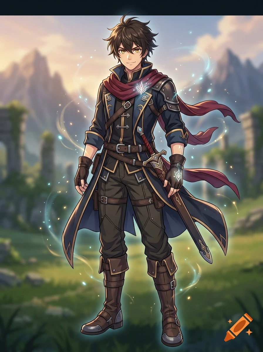 Full-body anime style illustration of a fantasy adventurer male character with brown hair and wearing medieval leather armor.