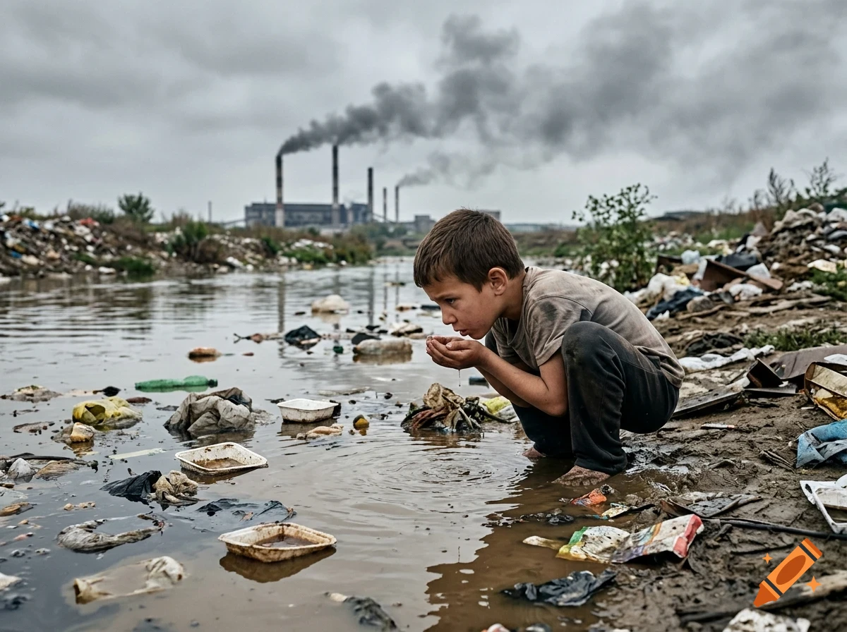 A young boy crouches by a polluted river filled with trash, cupping contaminated water to drink, with industrial smokestacks billowing smoke in the distance.