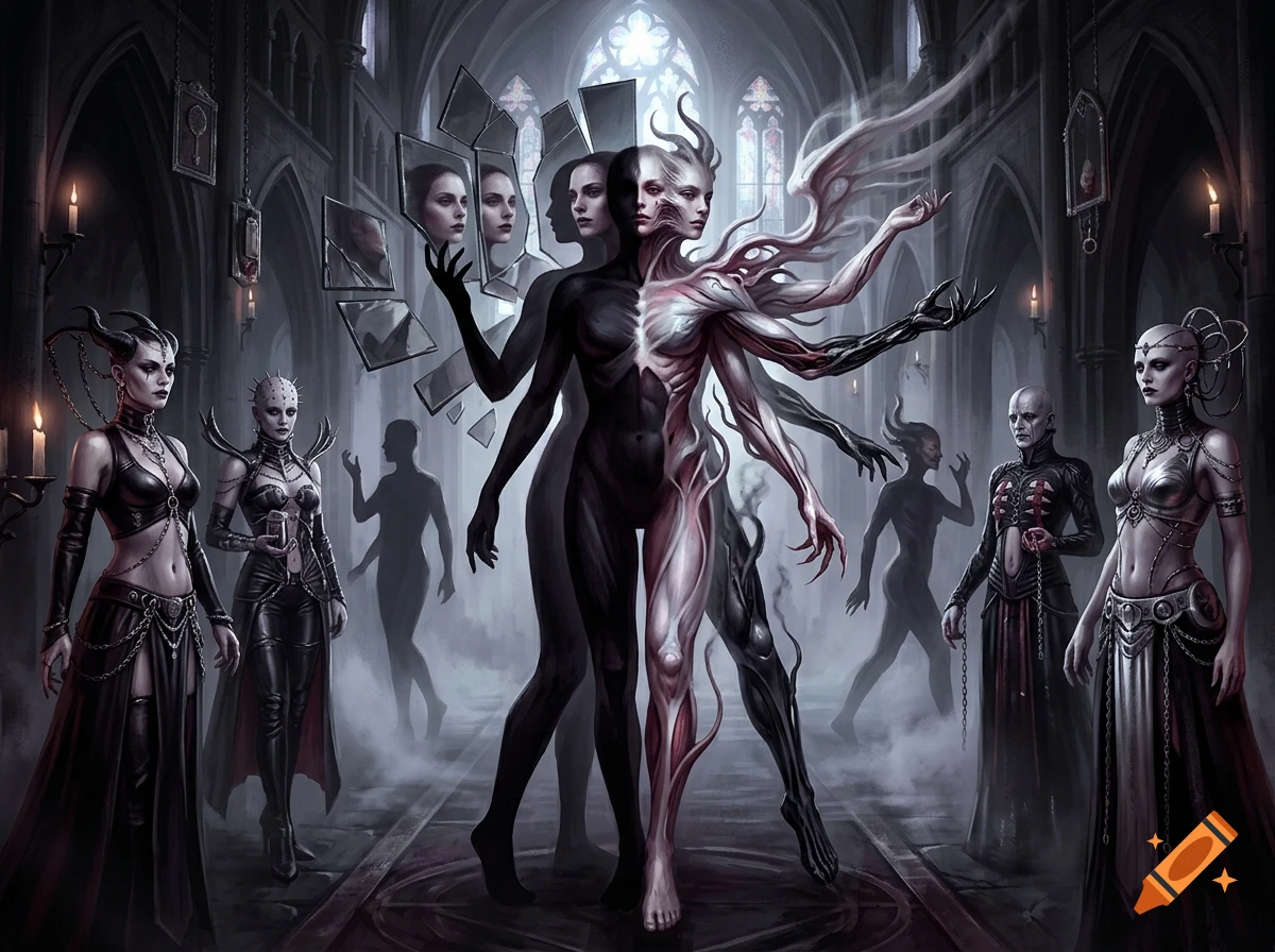 Dark gothic fantasy scene with a central ambiguous human-like creature with multiple arms and mirrors, surrounded by cenobite-like figures in a cathedral.