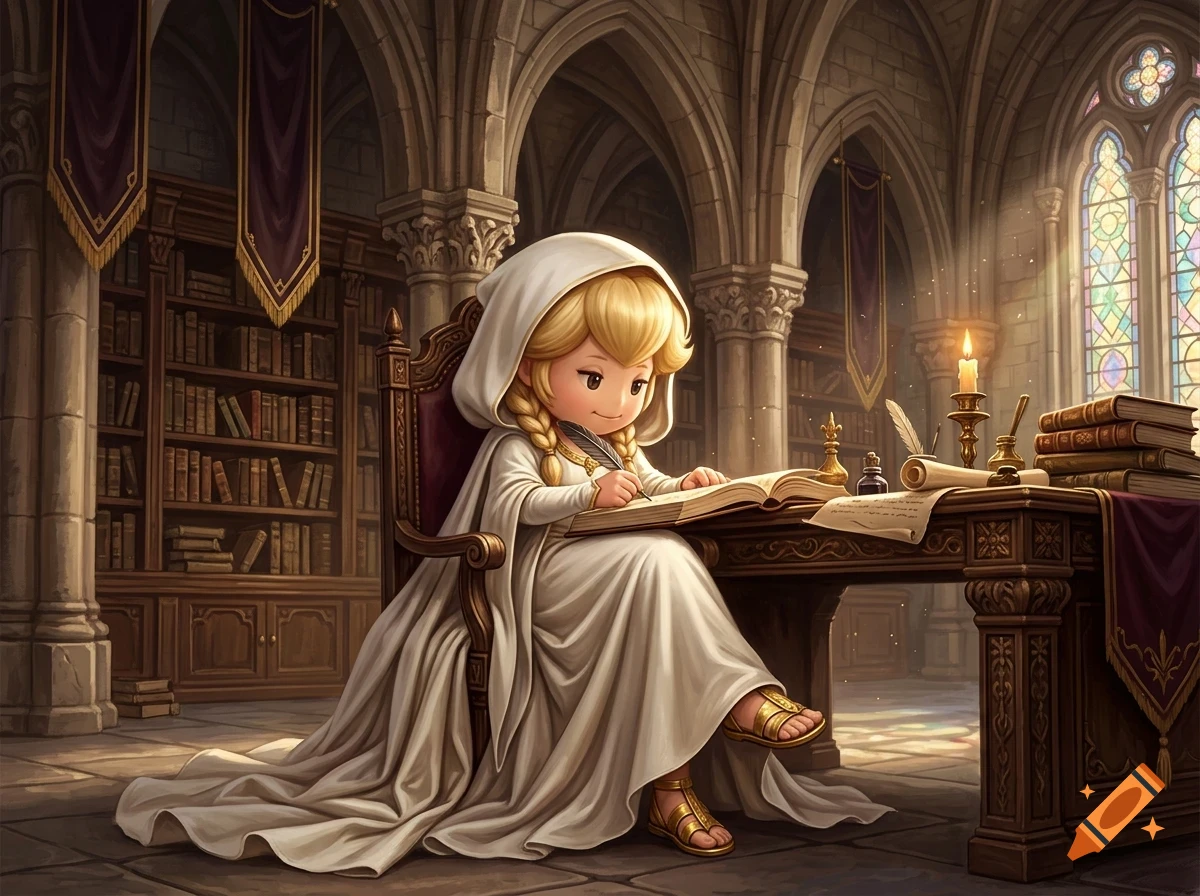 An anime-style illustration of a blonde character in white robes writing in a large book at a desk inside a medieval library.