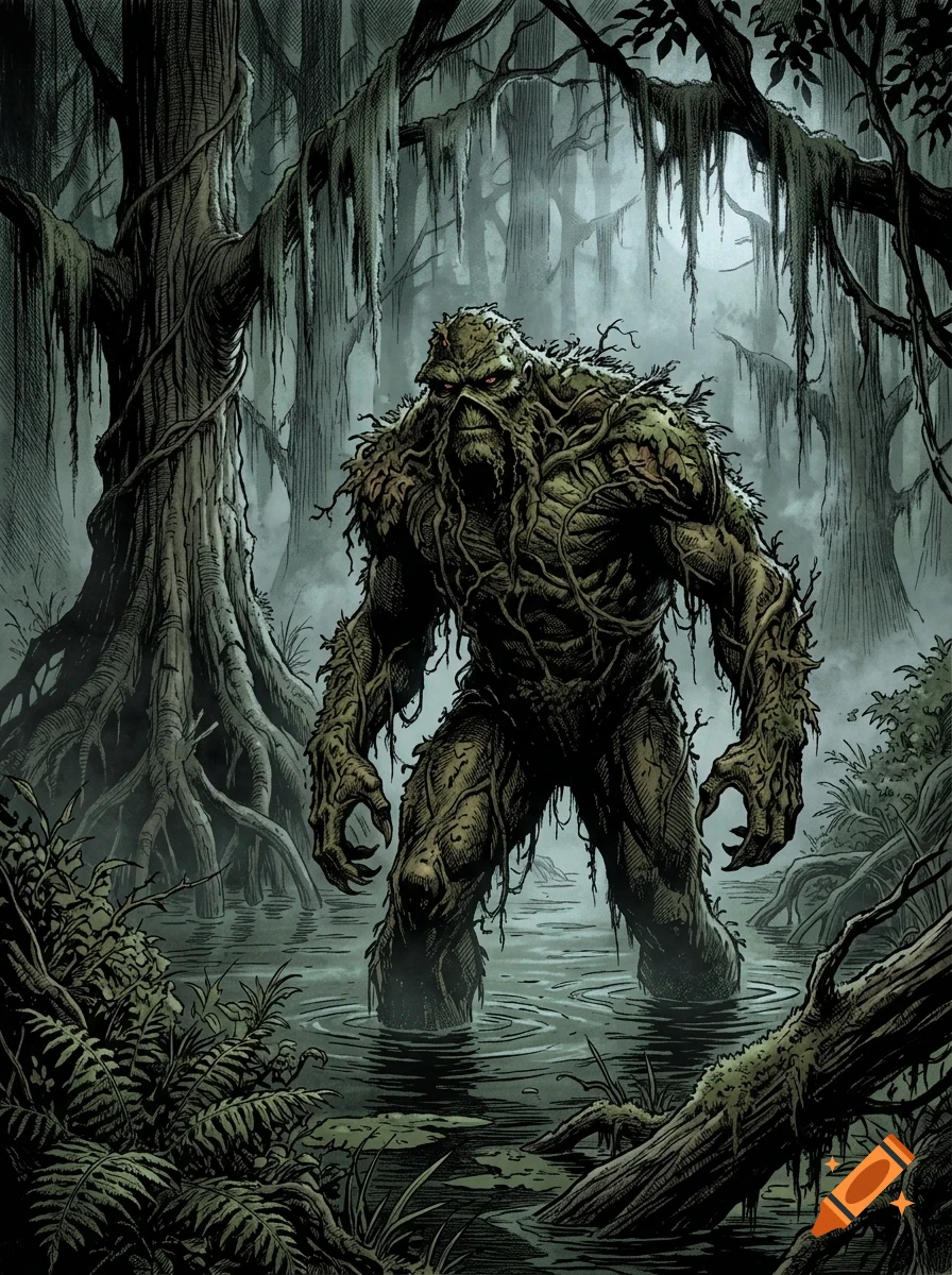 A swamp monster standing in a murky wetland surrounded by moss-draped trees and misty air.