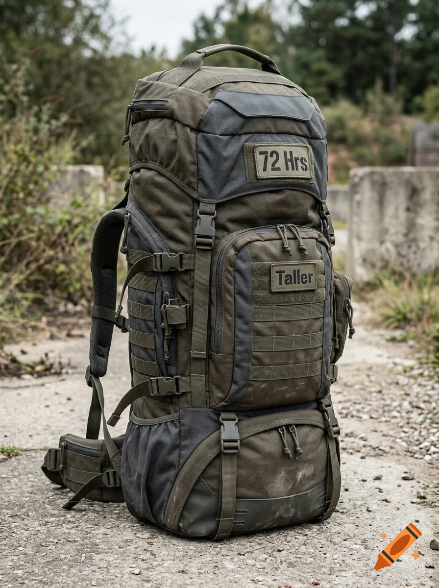 A large green tactical backpack stands upright on a gravel surface outdoors.