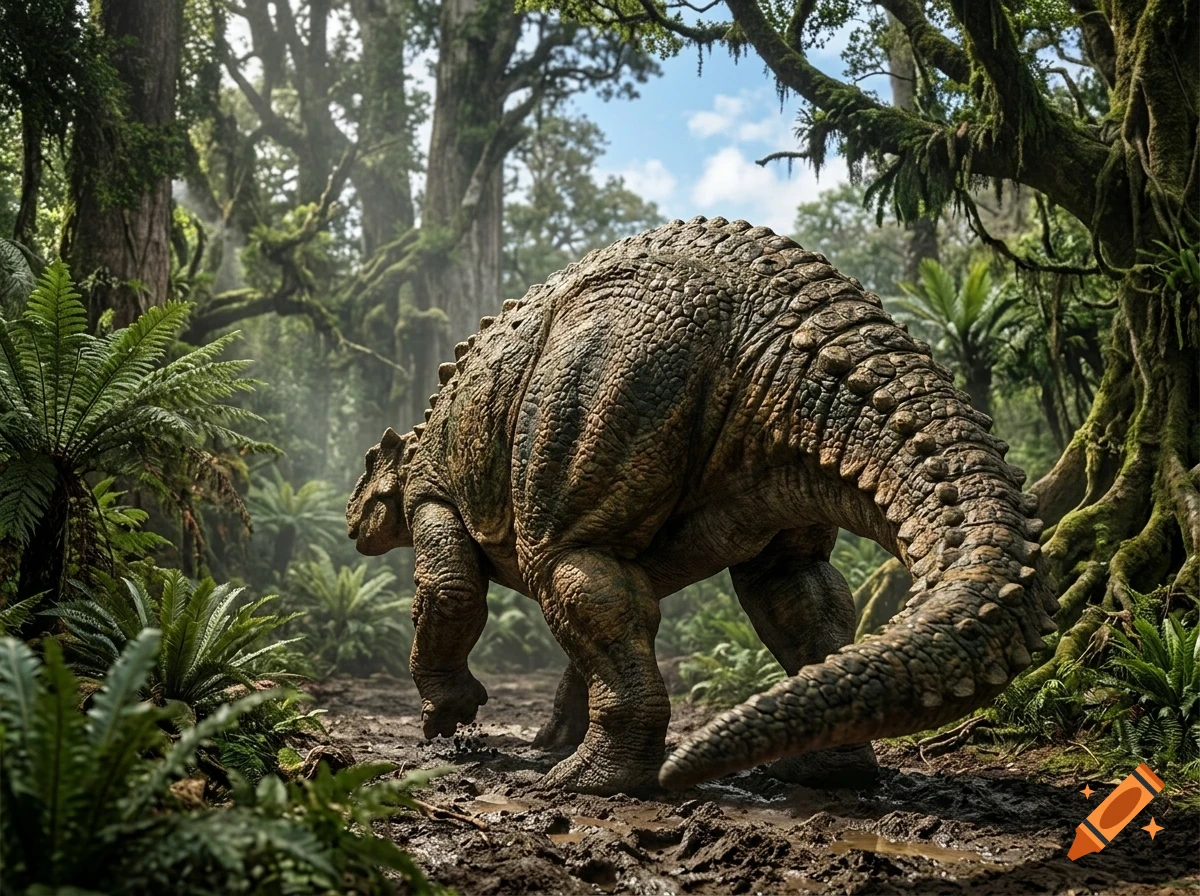 An ankylosaurus dinosaur walking along a muddy path through a dense prehistoric forest.