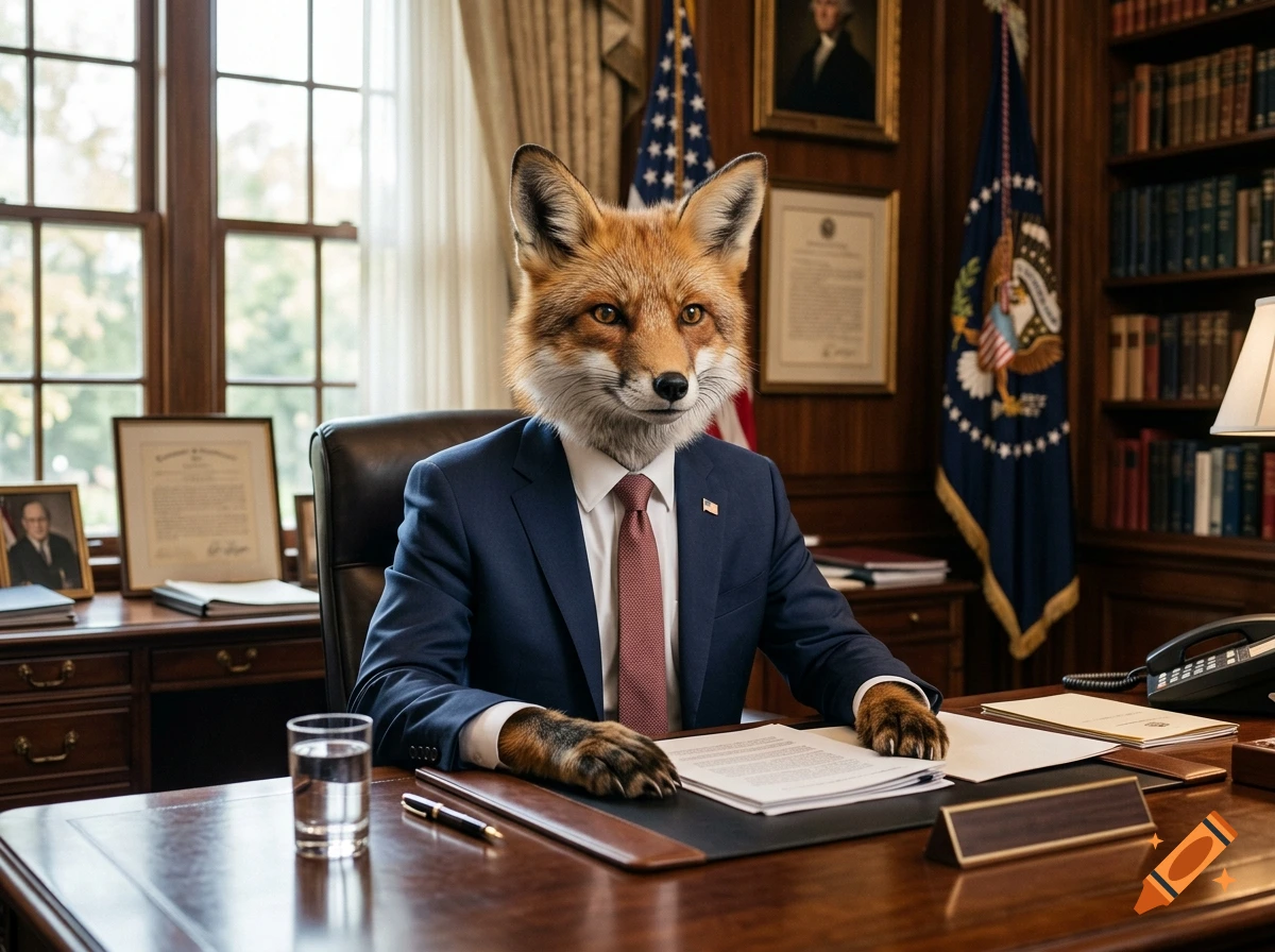 Photorealistic image of a fox with a human body wearing a suit and tie, sitting at the Resolute desk in the Oval Office.