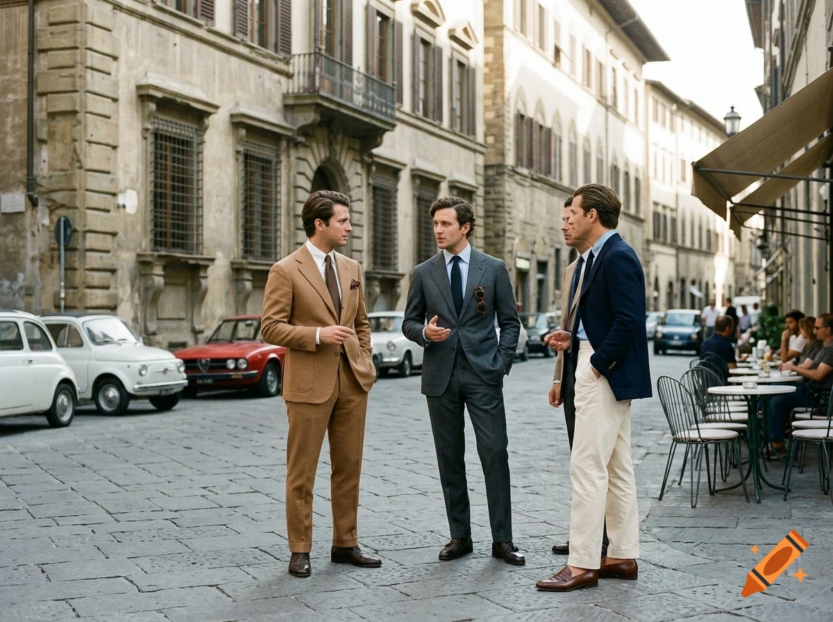 Several men in tailored suits stand and converse on a cobblestone street lined with historic European buildings and parked vintage cars.