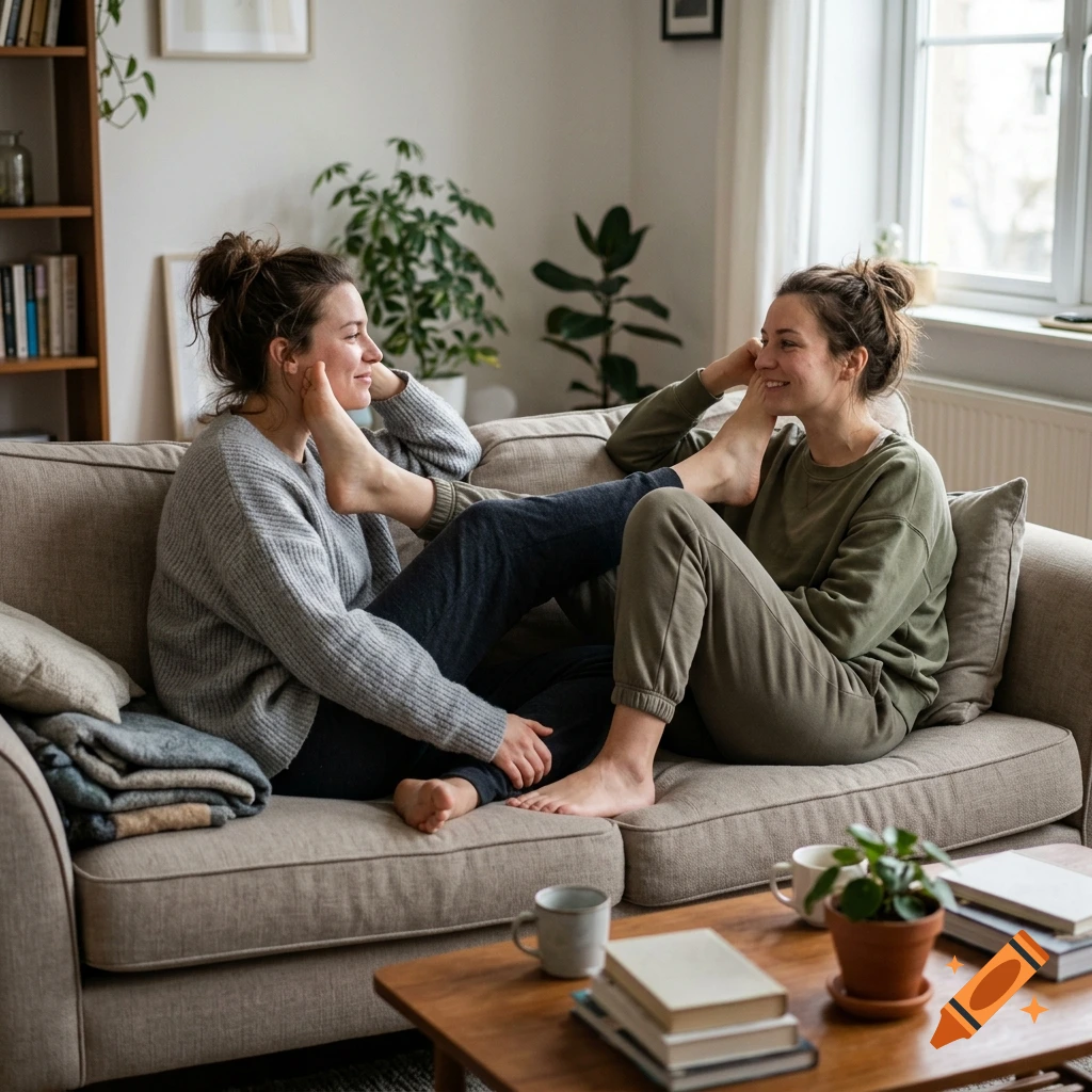 Two young women sitting on a beige couch in a living room, smiling while playfully resting their feet on each other's faces. Photorealistic.