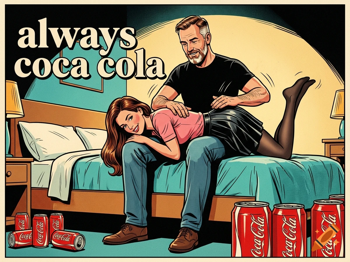 Vintage comic style illustration of a man spanking a woman on a bed with Coca-Cola cans in the foreground and the text 'always coca cola'.