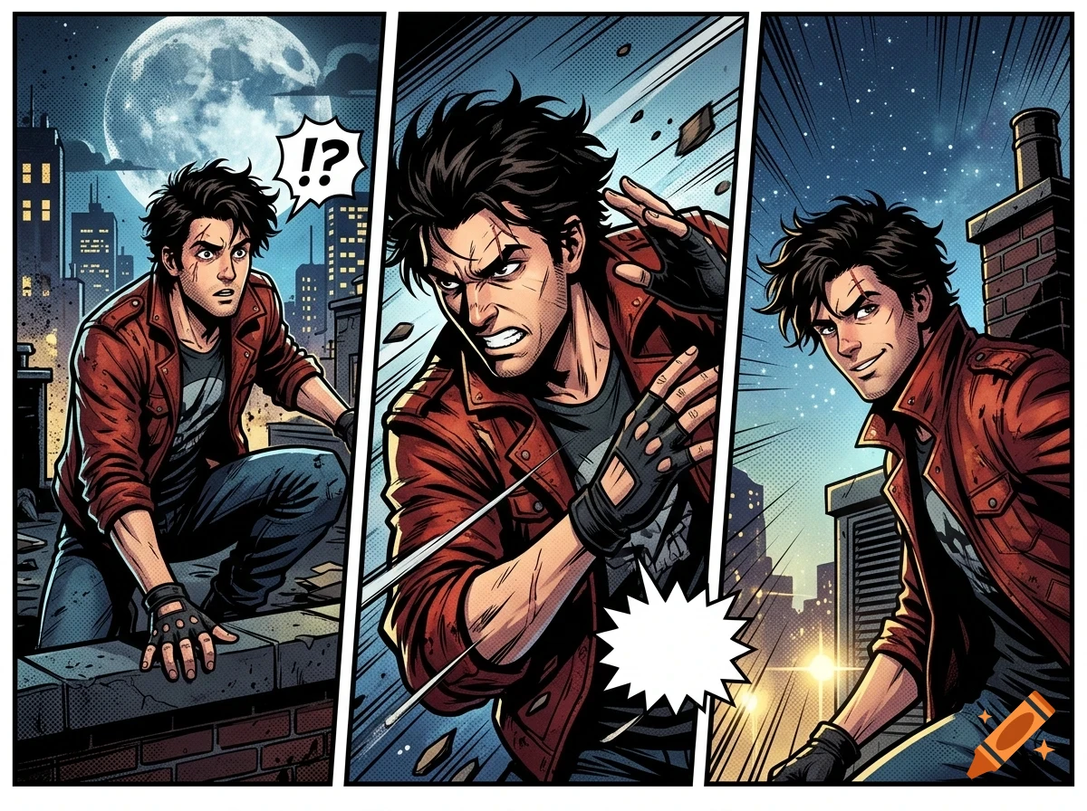 A three-panel comic book illustration featuring a young dark-haired man in a red jacket and fingerless gloves on a city rooftop at night.