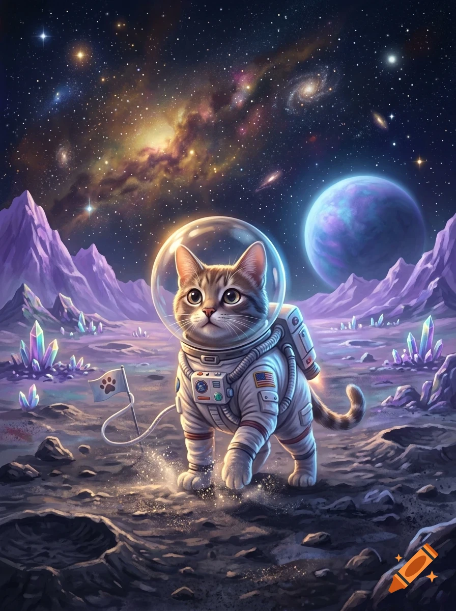 An illustration of a tabby cat in an astronaut suit exploring an alien planet with purple crystals, mountains, and a starry galaxy background.