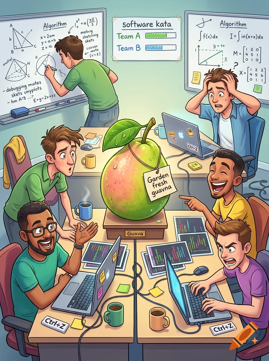Cartoon illustration of software developers reacting to a giant pear labeled Garden fresh guavna in an office.