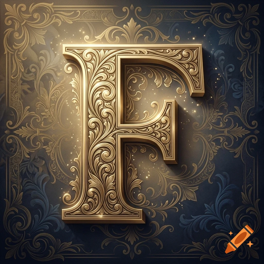 An ornate golden letter F with intricate filigree patterns against a dark textured background with subtle glowing highlights.