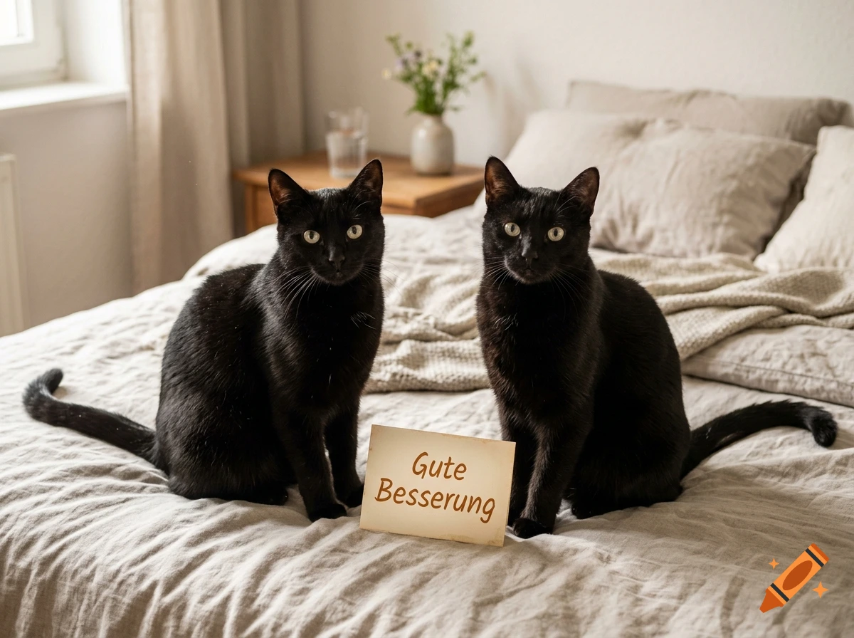 Two black cats sitting on a bed next to a get well soon card, photorealistic.