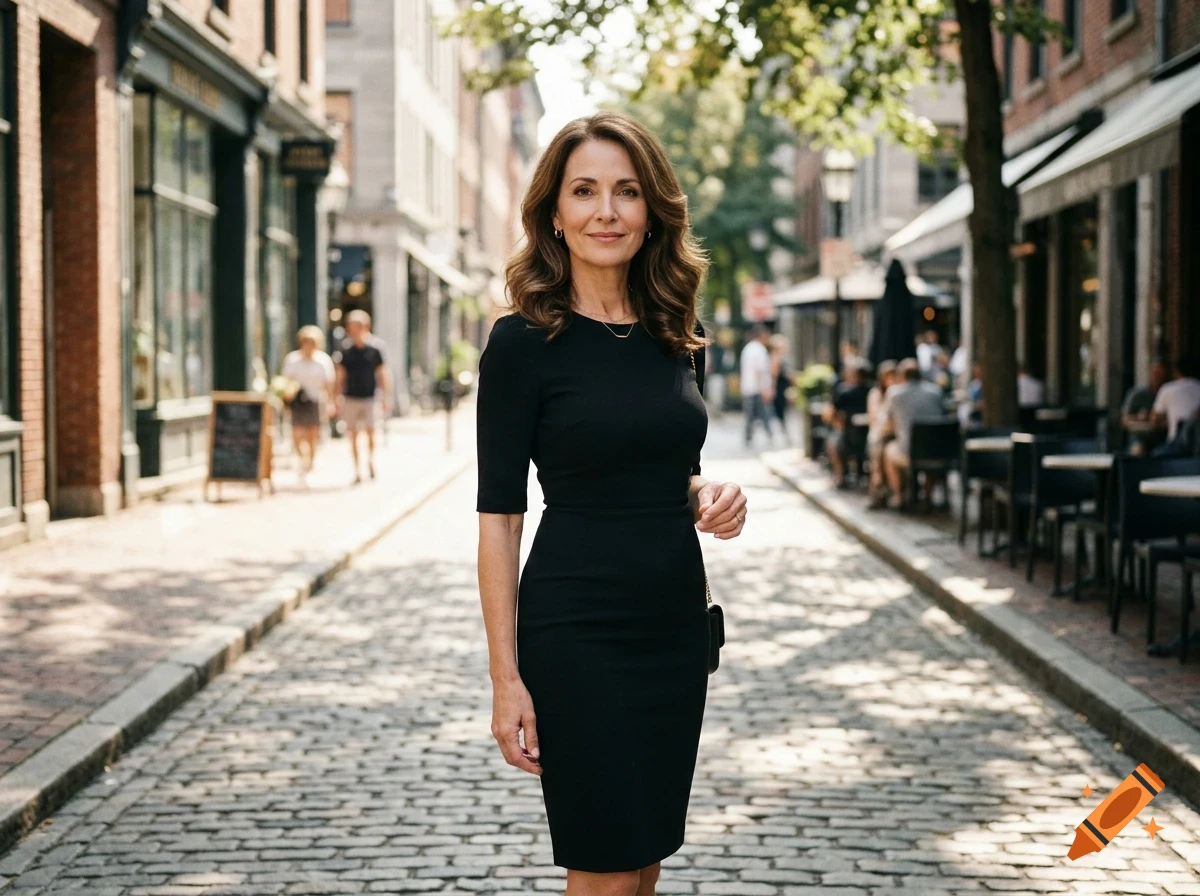 A woman in a black dress stands on a cobblestone street lined with buildings and outdoor cafes.