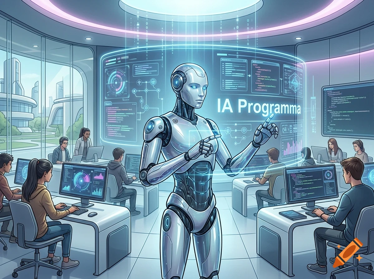 A humanoid robot interacting with a glowing holographic interface in a modern office with people working at computers.