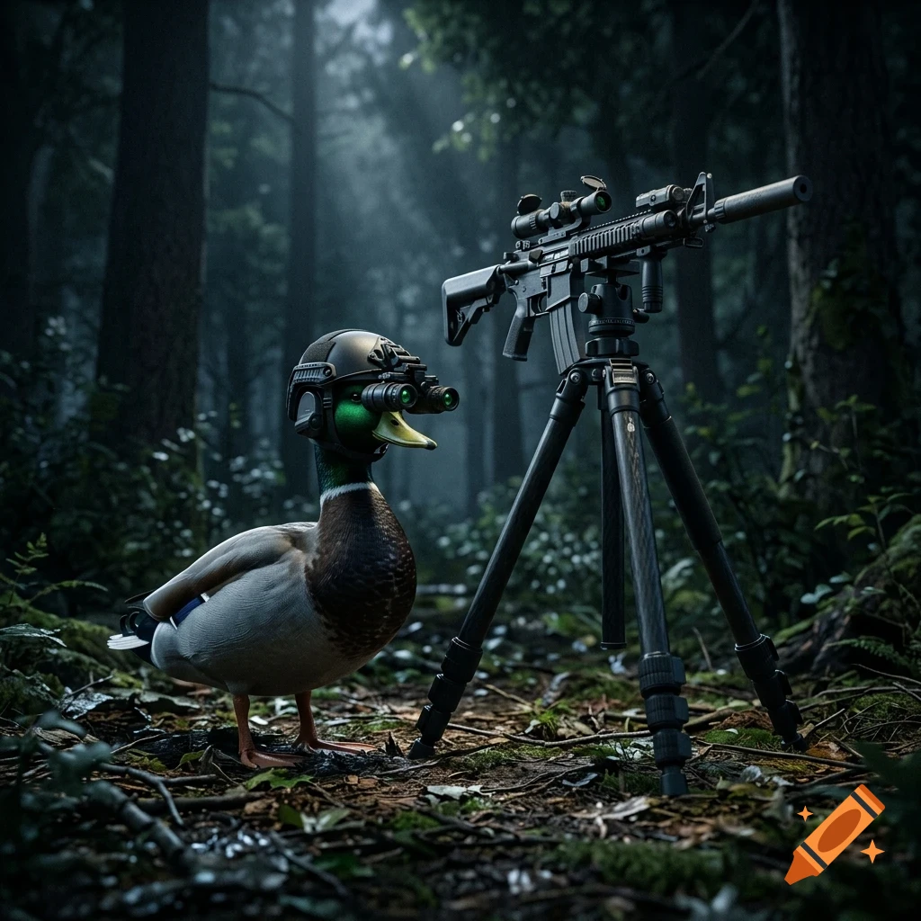 A mallard duck wearing a tactical helmet and night vision goggles stands next to an assault rifle mounted on a tripod in a forest.