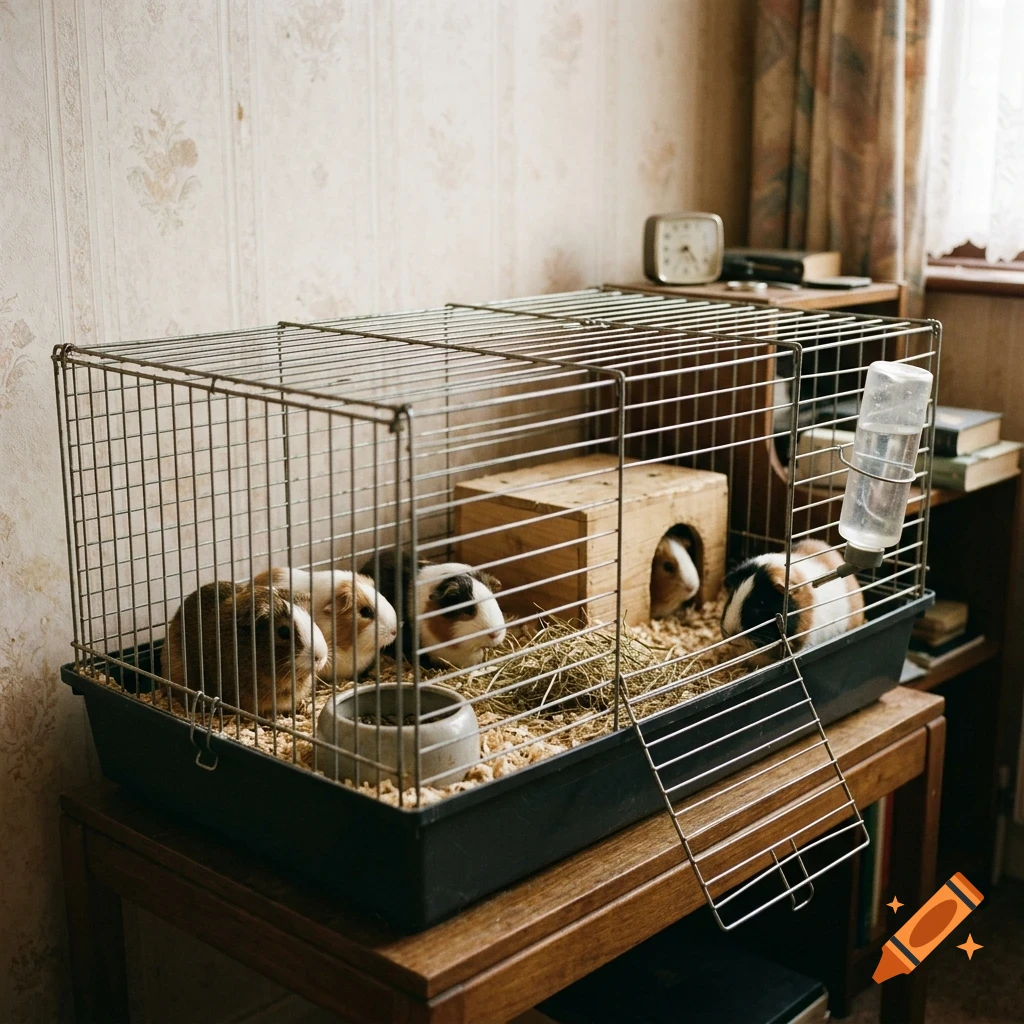 Several guinea pigs inside a wire cage sitting on wood shavings on a table.