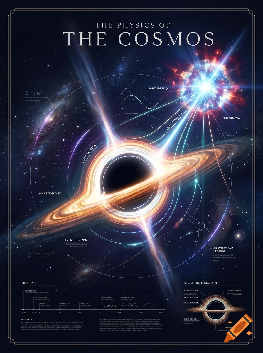 An educational poster titled The Physics of the Cosmos illustrating a black hole with an accretion disk, a supernova, and orbital diagrams.