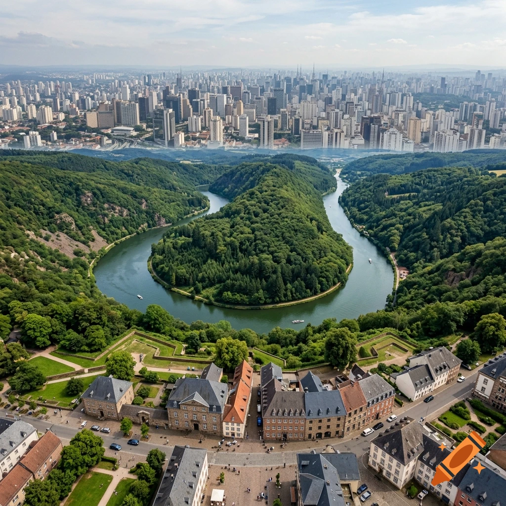 Photorealistic aerial view combining a looping river in a lush green valley in the foreground with a dense modern metropolis in the background.