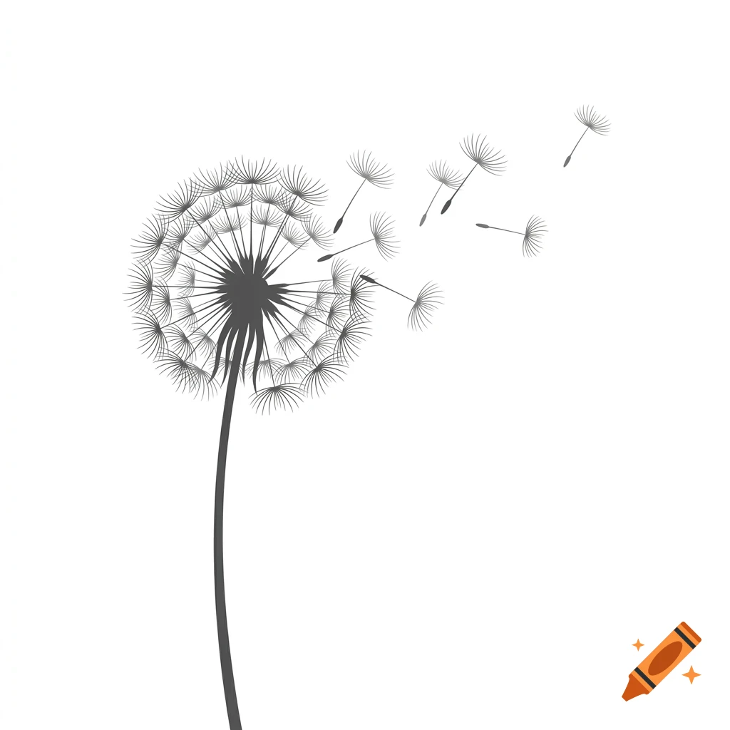 A minimalist grey silhouette of a dandelion with seeds blowing away in the wind against a white background.