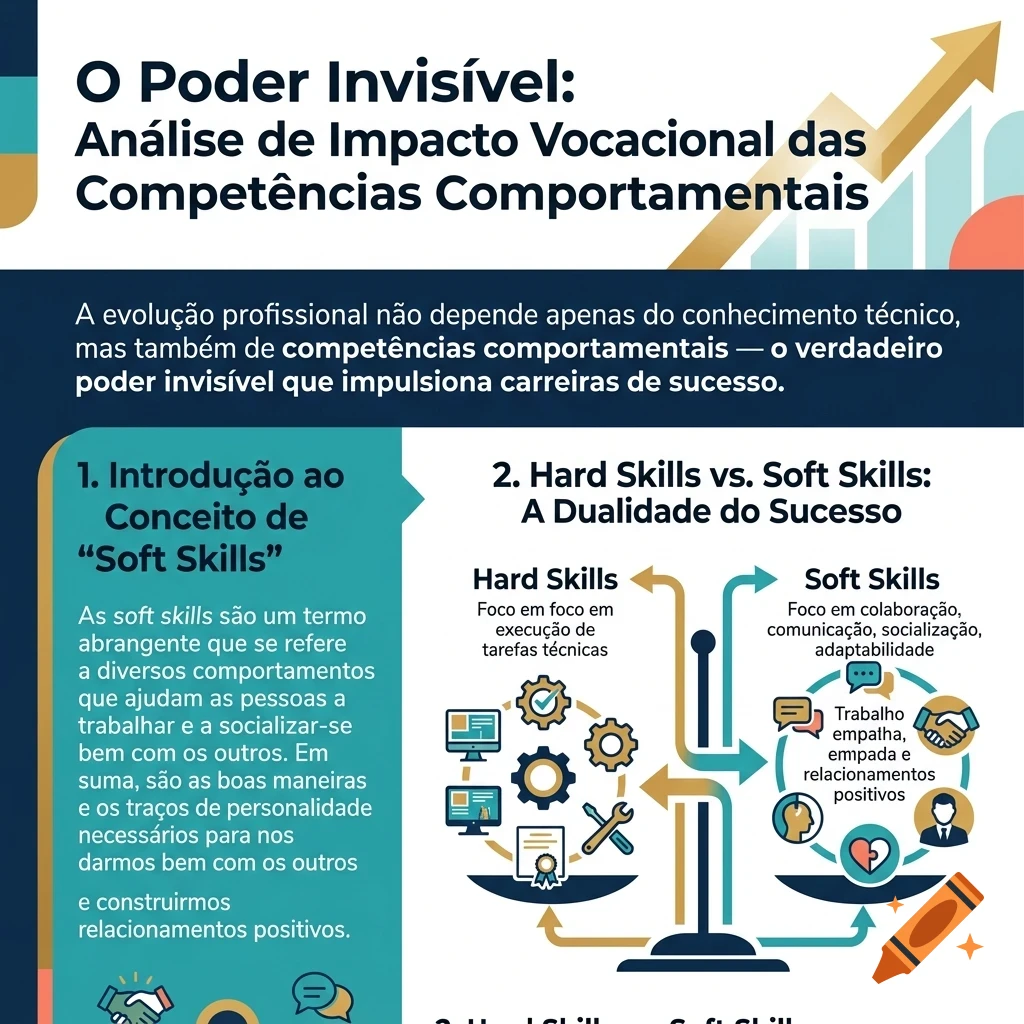 An informational infographic poster in Portuguese titled "O Poder Invisível: Análise de Impacto Vocacional das Competências Comportamentais" comparing hard and soft skills with diagrams.