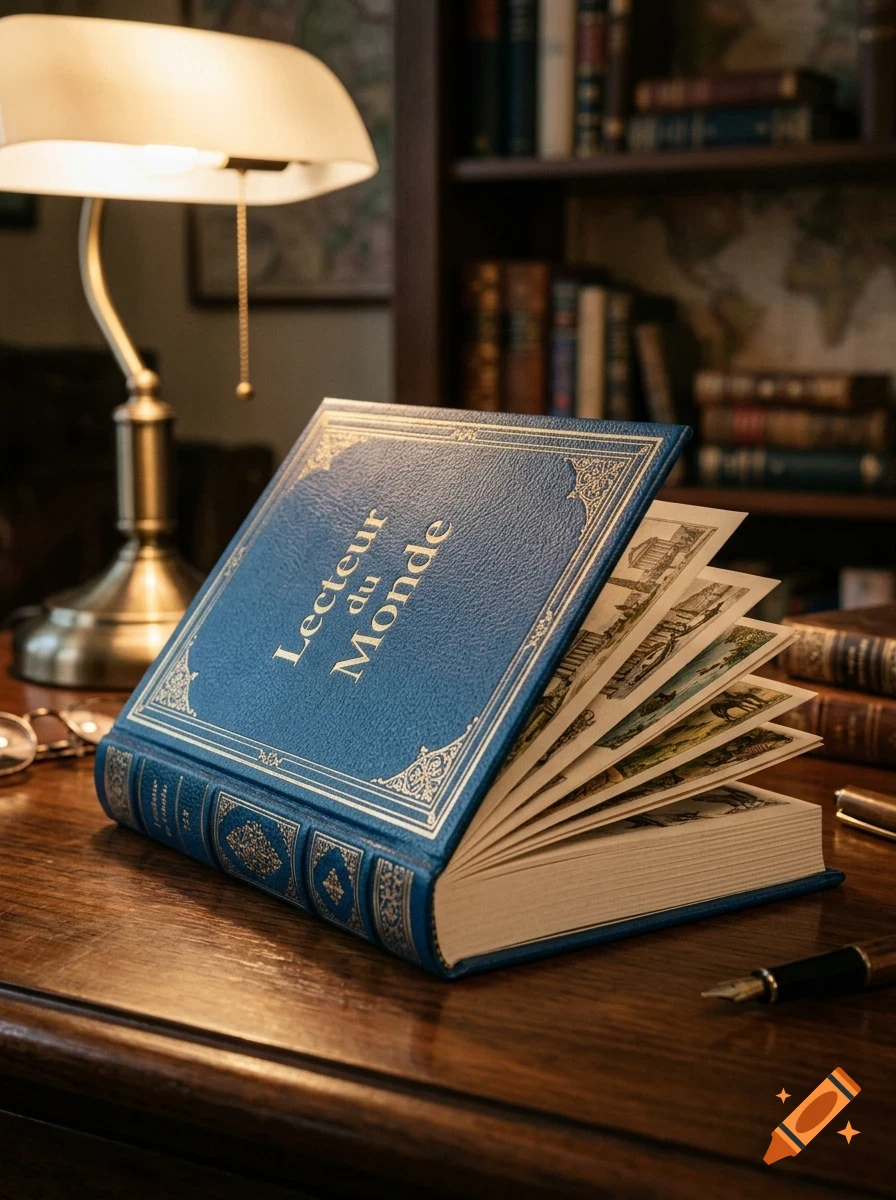 An ornate blue book titled "Lecteur du Monde" rests on a wooden desk next to a glowing banker's lamp and a fountain pen.