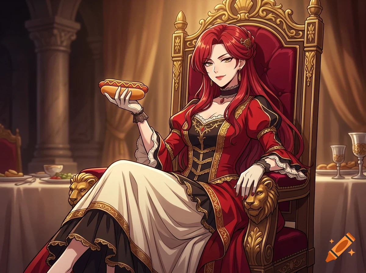 An anime-style illustration of a red-haired woman in a regal red and gold dress sitting on a golden throne, holding a hot dog in her hand.