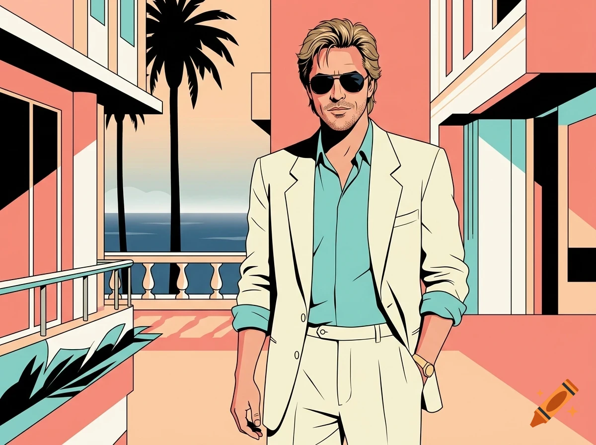 An illustrated man in a white suit and sunglasses stands on a balcony overlooking the sea and palm trees.