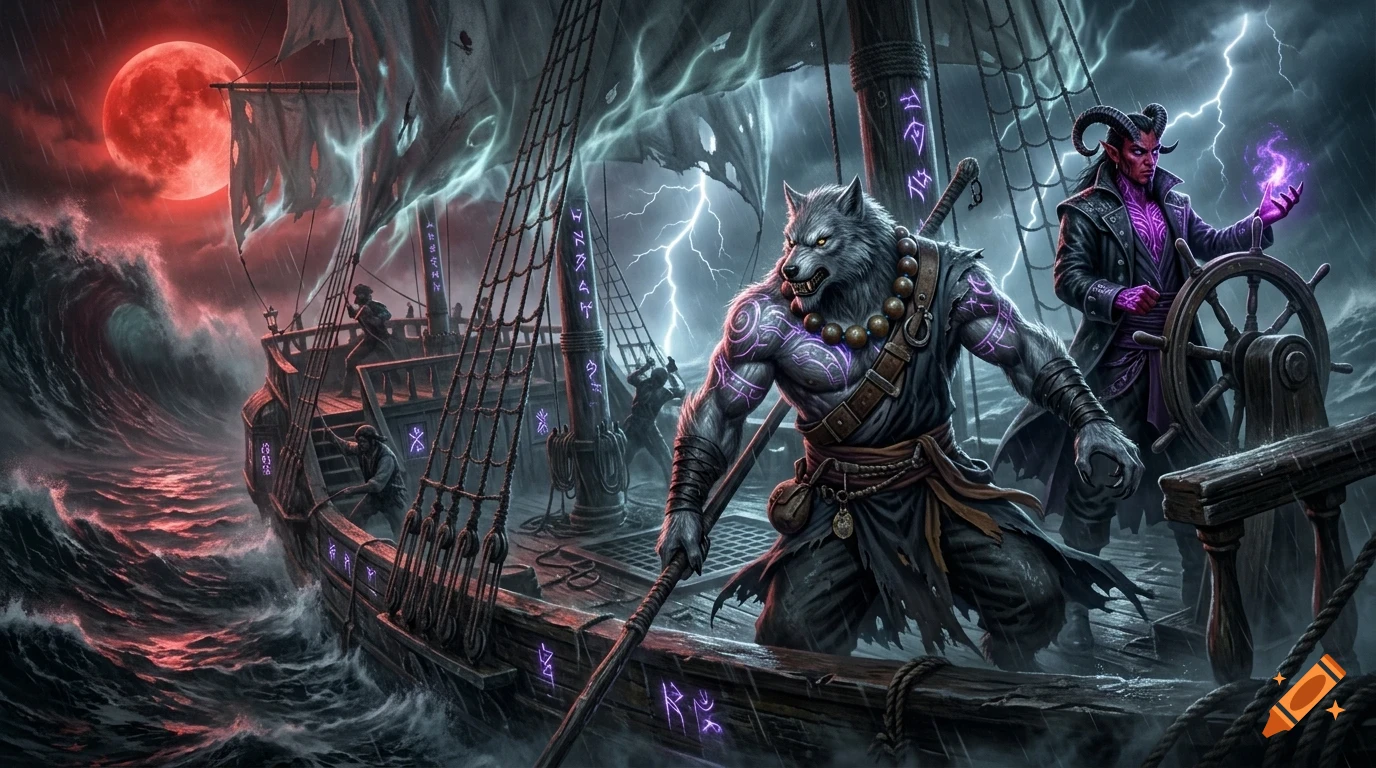 A werewolf warrior and a horned demon pilot a ghost ship through stormy seas under a red moon and lightning.