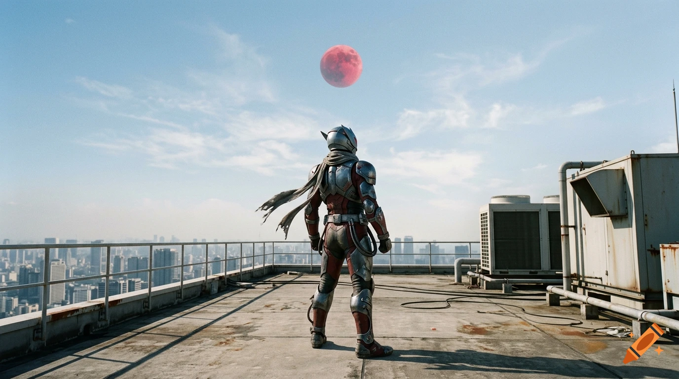 A photorealistic shot of a Kamen Rider figure standing on a rooftop, looking up at a red moon in the sky.