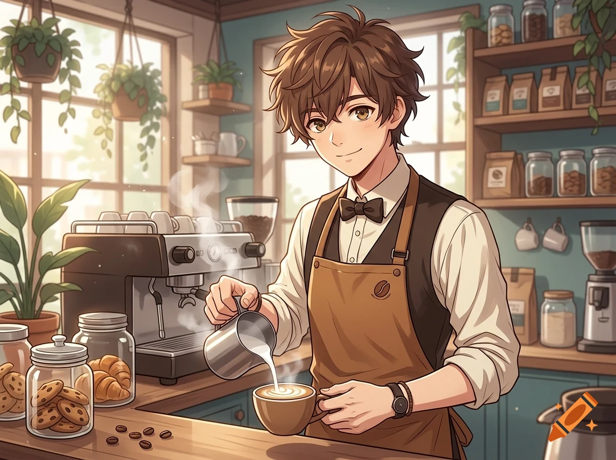 An anime-style barista in a cafe is pouring steamed milk into a cup of coffee.