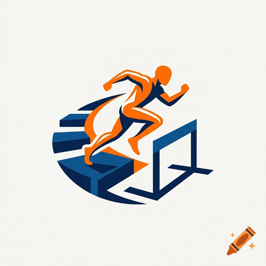 Stylized vector logo of an athlete running up stairs and jumping over a hurdle in orange and blue.