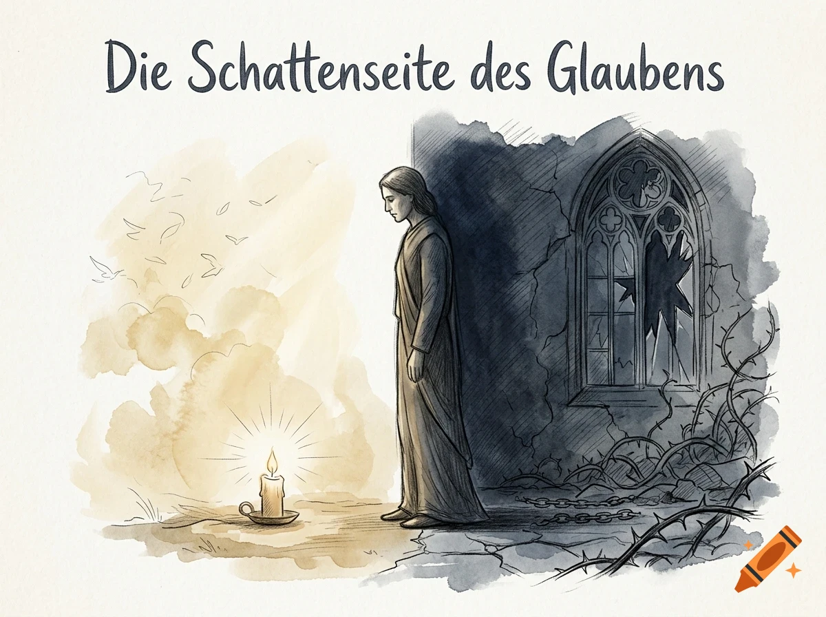 An illustrated book or article cover featuring a person standing between a brightly lit side with a candle and birds, and a dark side with a broken gothic window and thorny vines, with the German title Die Schattenseite des Glaubens at the top.