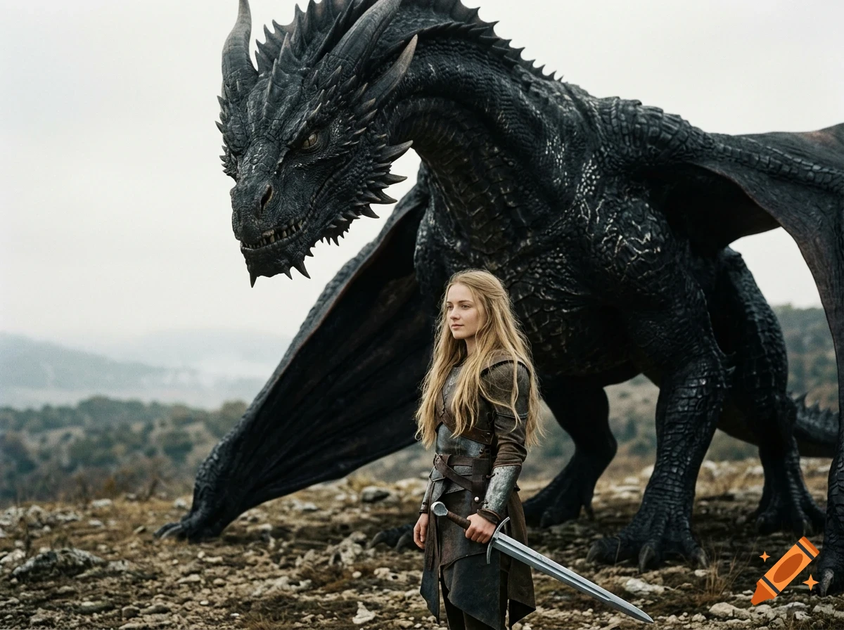 A blonde warrior woman in armor holding a sword stands beside a massive dark dragon in a rocky landscape.