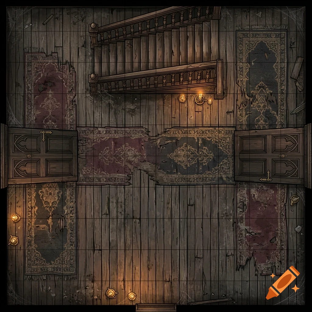 Top-down view of a dilapidated wooden interior with worn rugs, a staircase, and candles, mapped with grid lines.