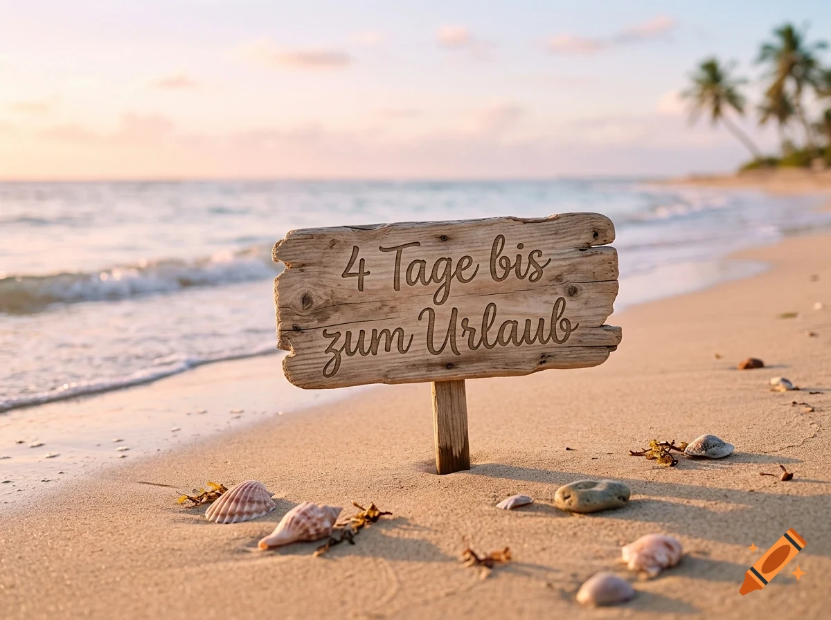 A wooden sign planted in the sand on a tropical beach with the German text 4 Tage bis zum Urlaub, ocean waves and palm trees in the background.