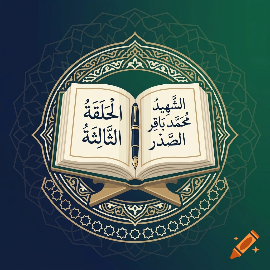 An open book with Arabic calligraphy on a bookstand, centered within an ornate circular frame with a green and dark blue gradient background.