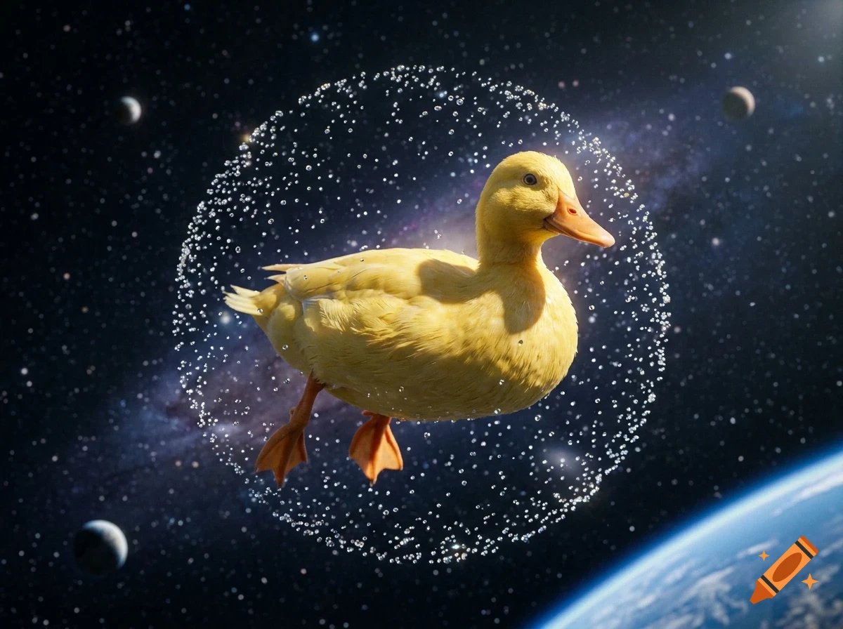 A yellow duck floats inside a spherical bubble of water droplets against a backdrop of deep space, distant planets, and the curved horizon of Earth.