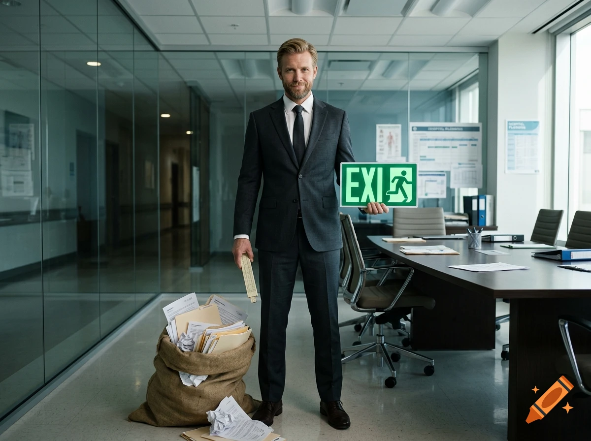 Photorealistic shot of a man in a business suit holding a glowing green exit sign in a modern office.