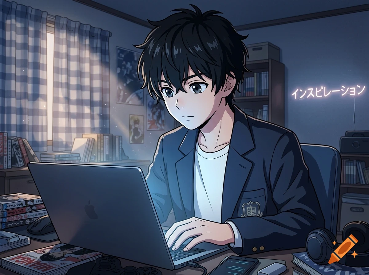 An anime-style illustration of a young man with black hair working on a laptop in a dimly lit room.