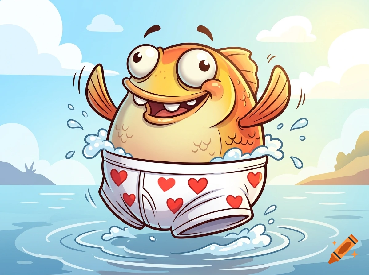 Comic-style illustration of a goofy orange fish with big eyes wearing white underwear with red hearts, splashing in water.