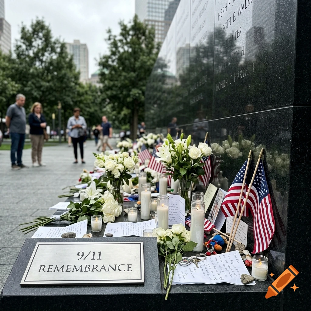 Photorealistic image of a 9/11 memorial wall with flowers, candles, and American flags.