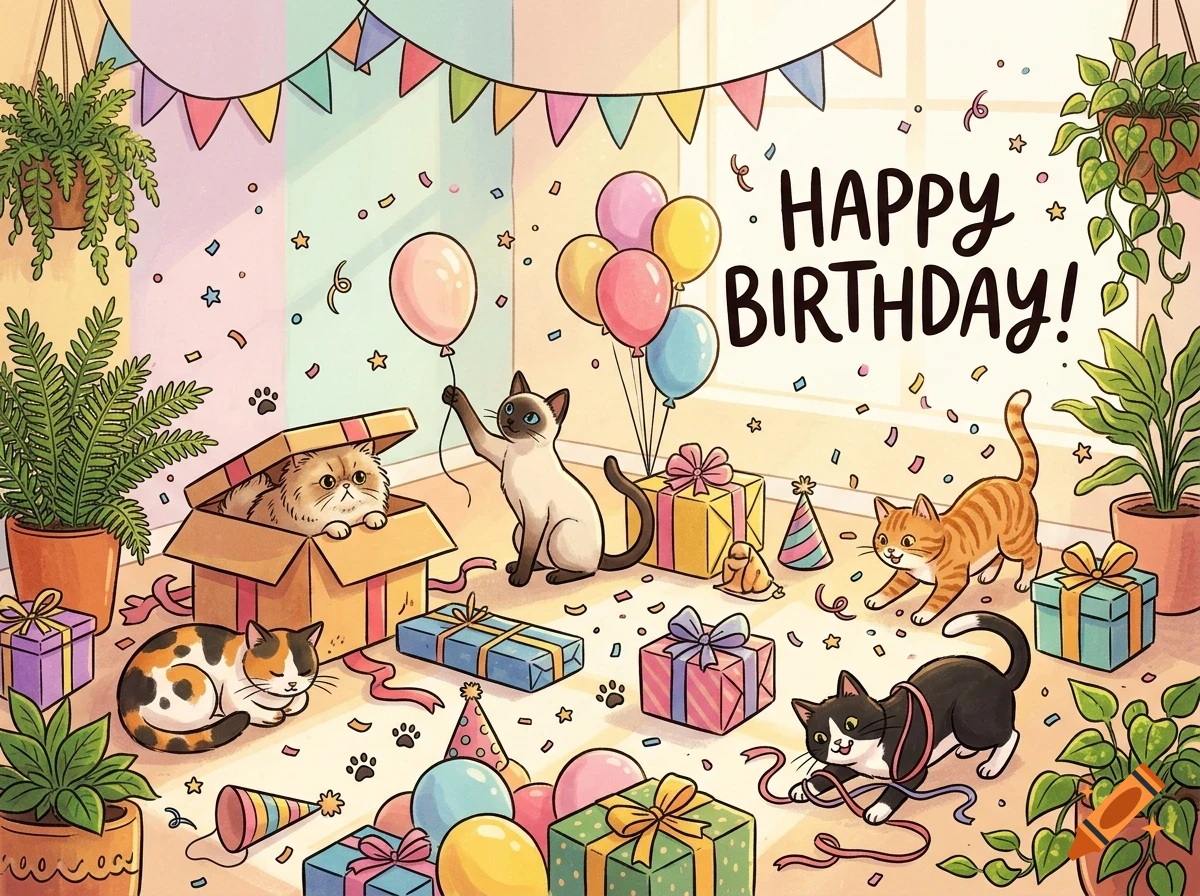 An illustrated birthday party scene featuring several playful cats surrounded by wrapped gifts, balloons, confetti, and hanging banners with the text 'HAPPY BIRTHDAY!'