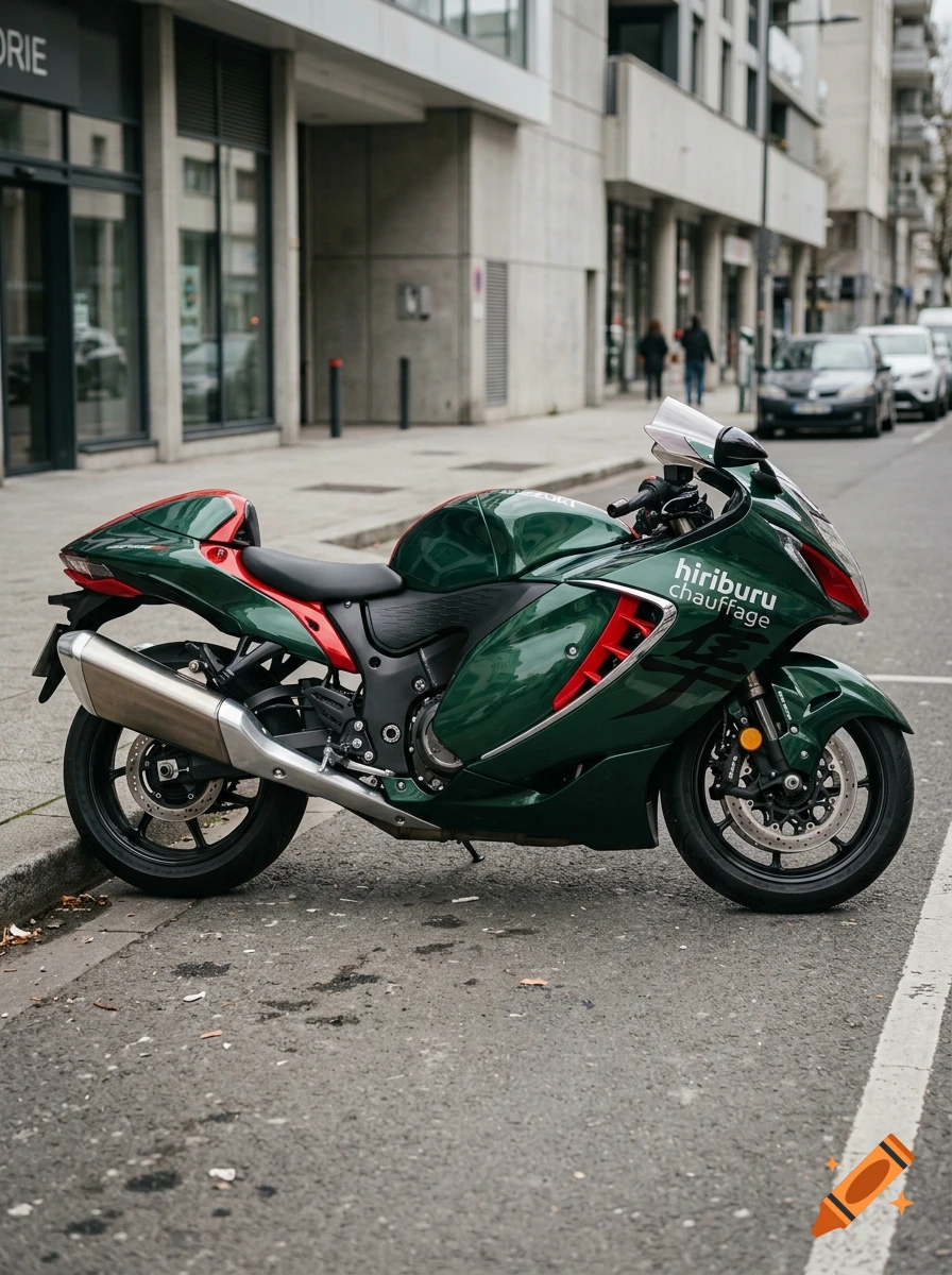 Photorealistic side profile of a green and red Suzuki Hayabusa motorcycle parked on a city street.