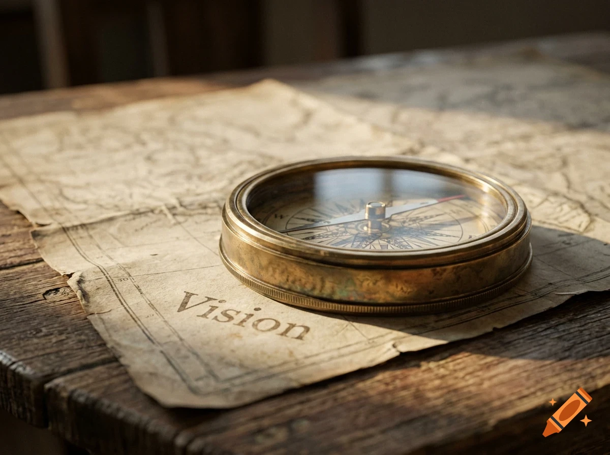 An antique brass compass rests on top of an old, weathered map with the word 'Vision' printed on it, set against a wooden table.
