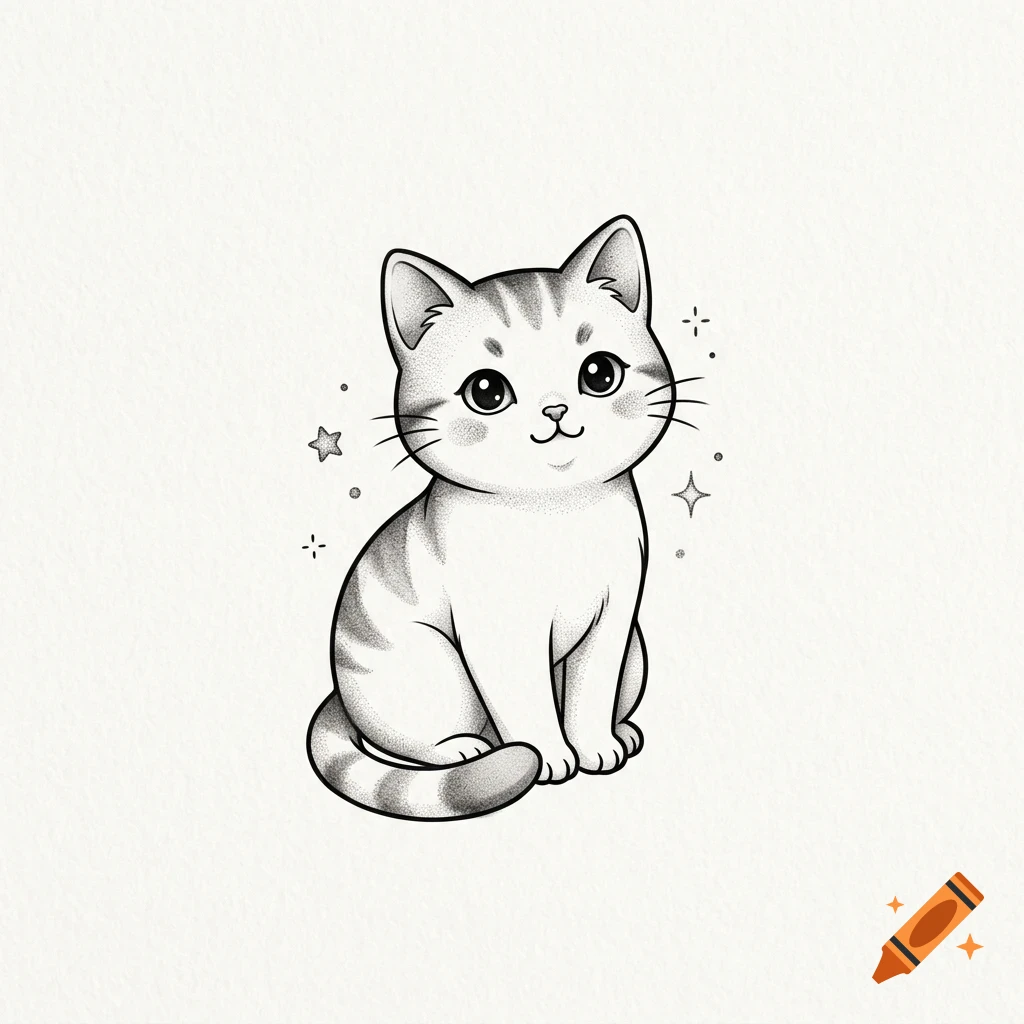 A black and white line drawing of a cute, chubby cartoon cat sitting upright, surrounded by tiny stars and sparkles on textured paper.