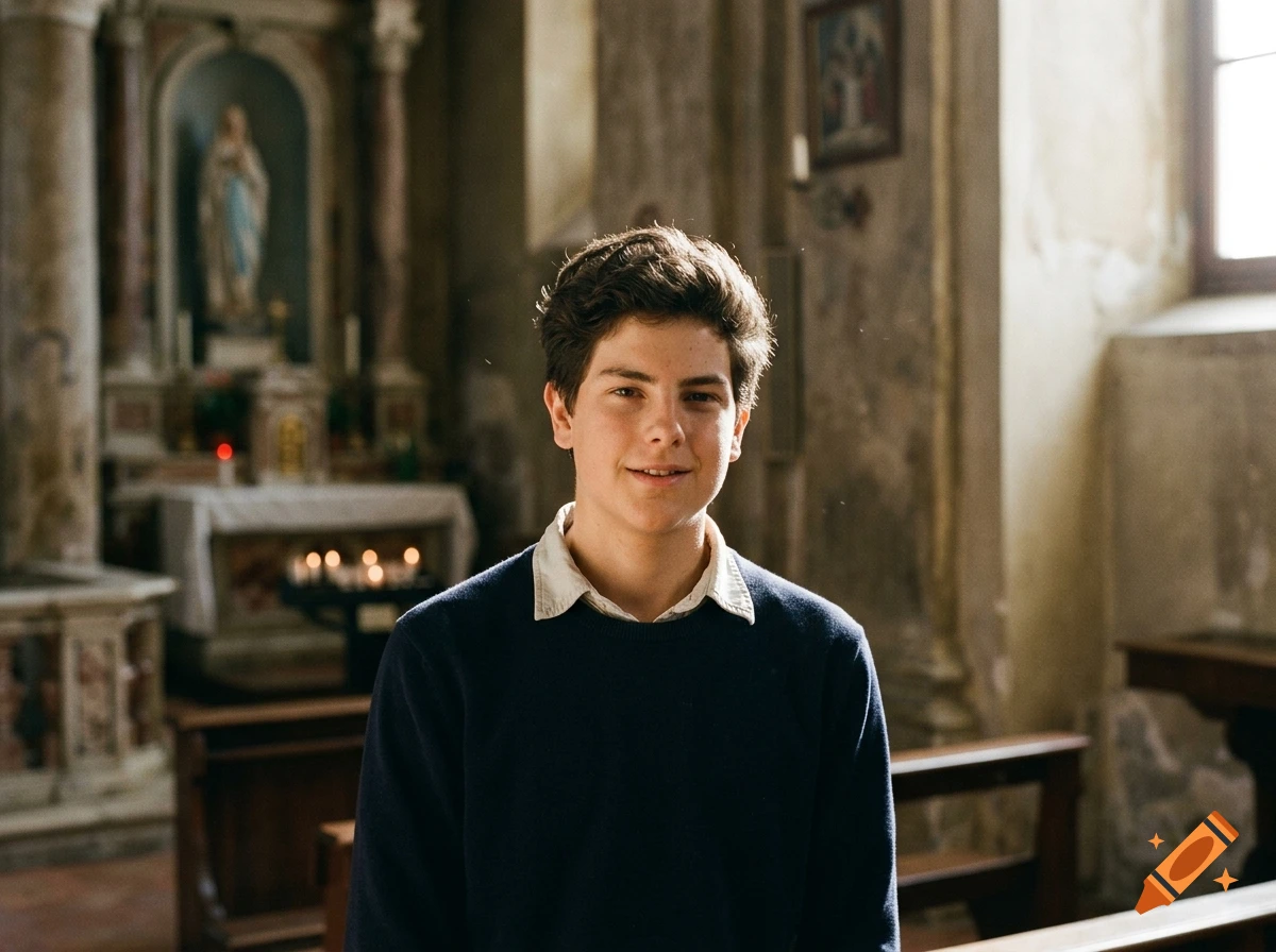 Photorealistic portrait of a young man smiling inside a church with pews and an altar in the background.